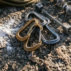 Anodised carabiners and a chalk bag on a granite slab