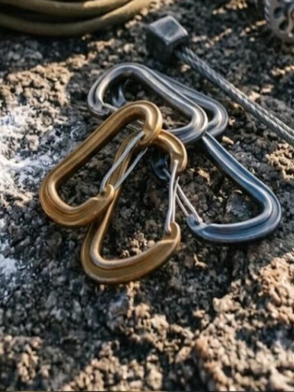 Anodised carabiners and a chalk bag on a granite slab