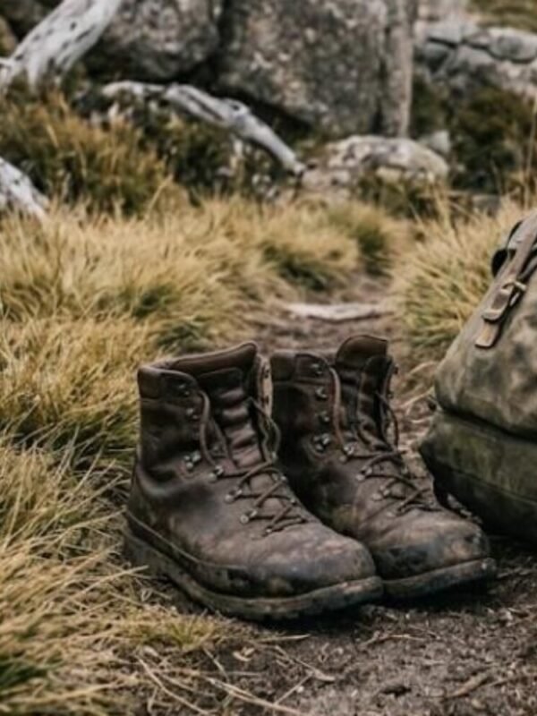 Worn leather mountaineering boots on an alpine track