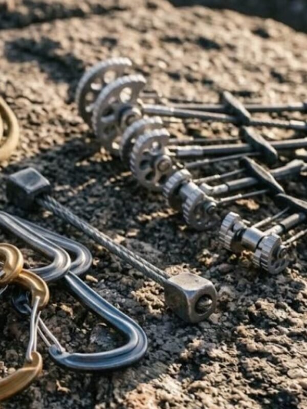 A rack of spring-loaded camming devices laid on granite