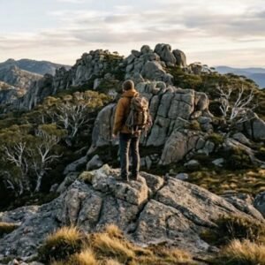 A granite ridgeline catching first light above the treeline