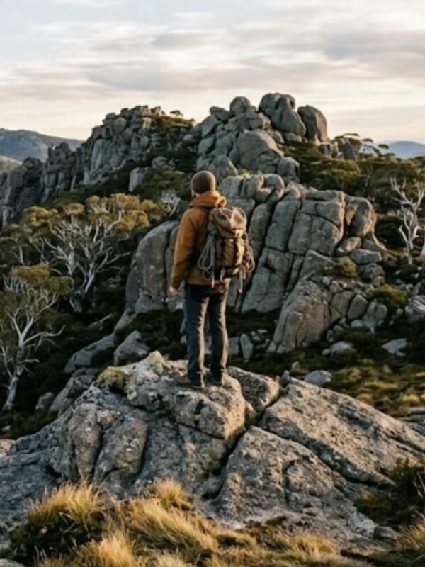 A granite ridgeline catching first light above the treeline