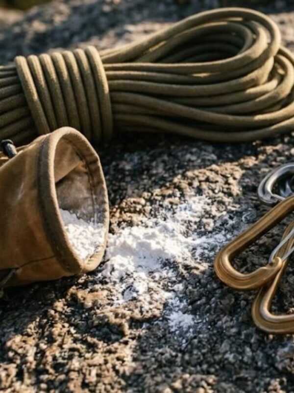 A coiled dry-treated climbing rope resting on granite