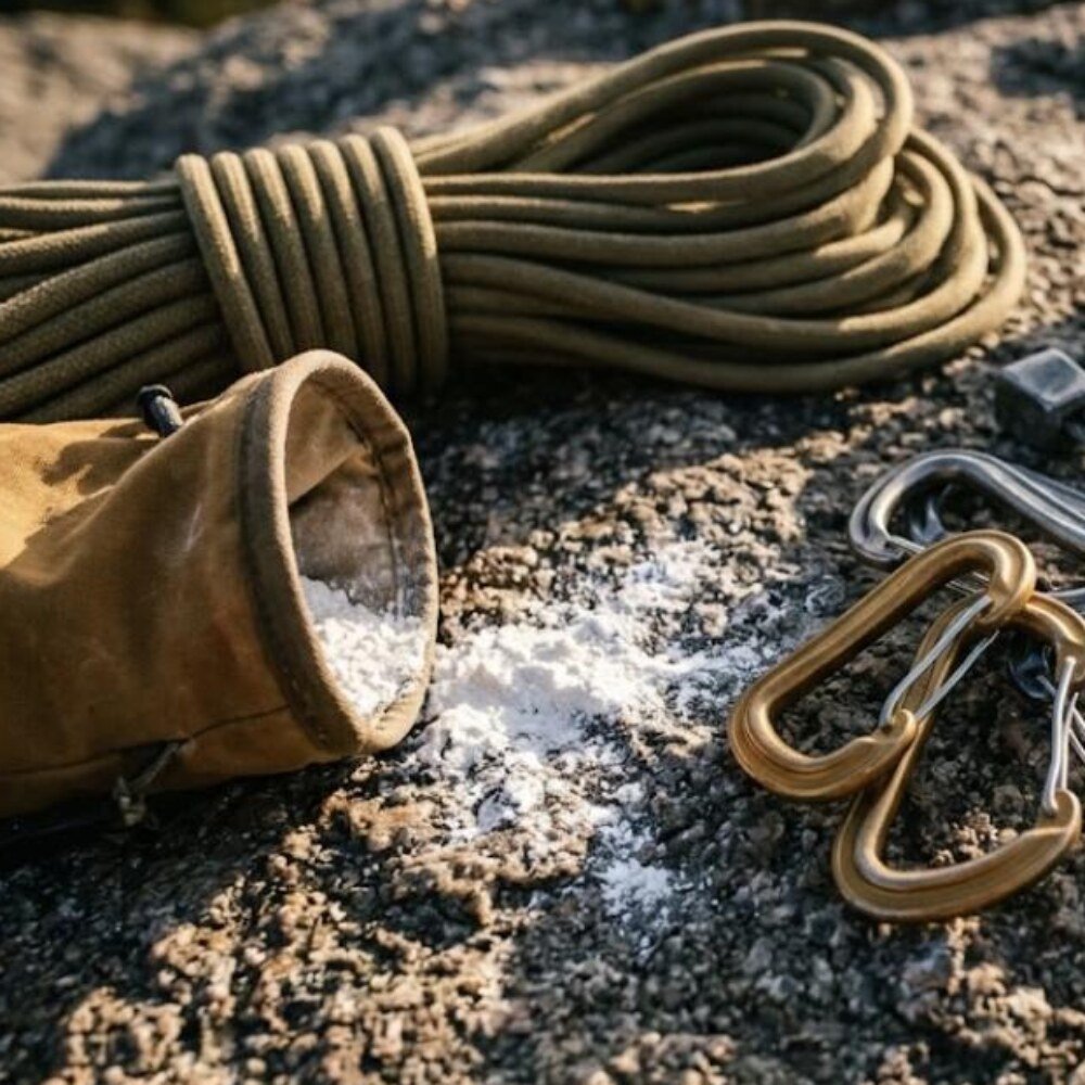 A coiled dry-treated climbing rope resting on granite